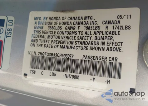 2012 Honda Civic Lx from USA, damaged, VIN 2HGFG3B55CH503072